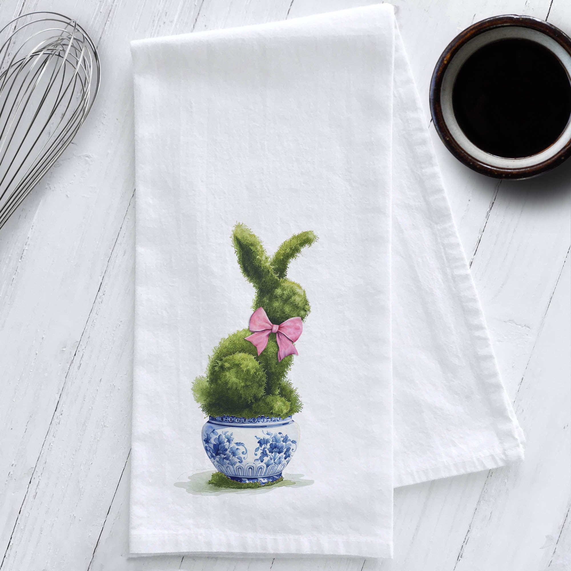 Bunny Moss Topiary in a Chinoiserie Planter Tea Towel