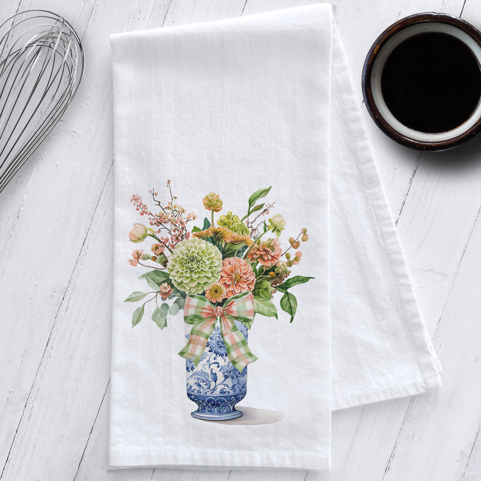 Zinnias in a Chinoiserie Vase Kitchen Tea Towel