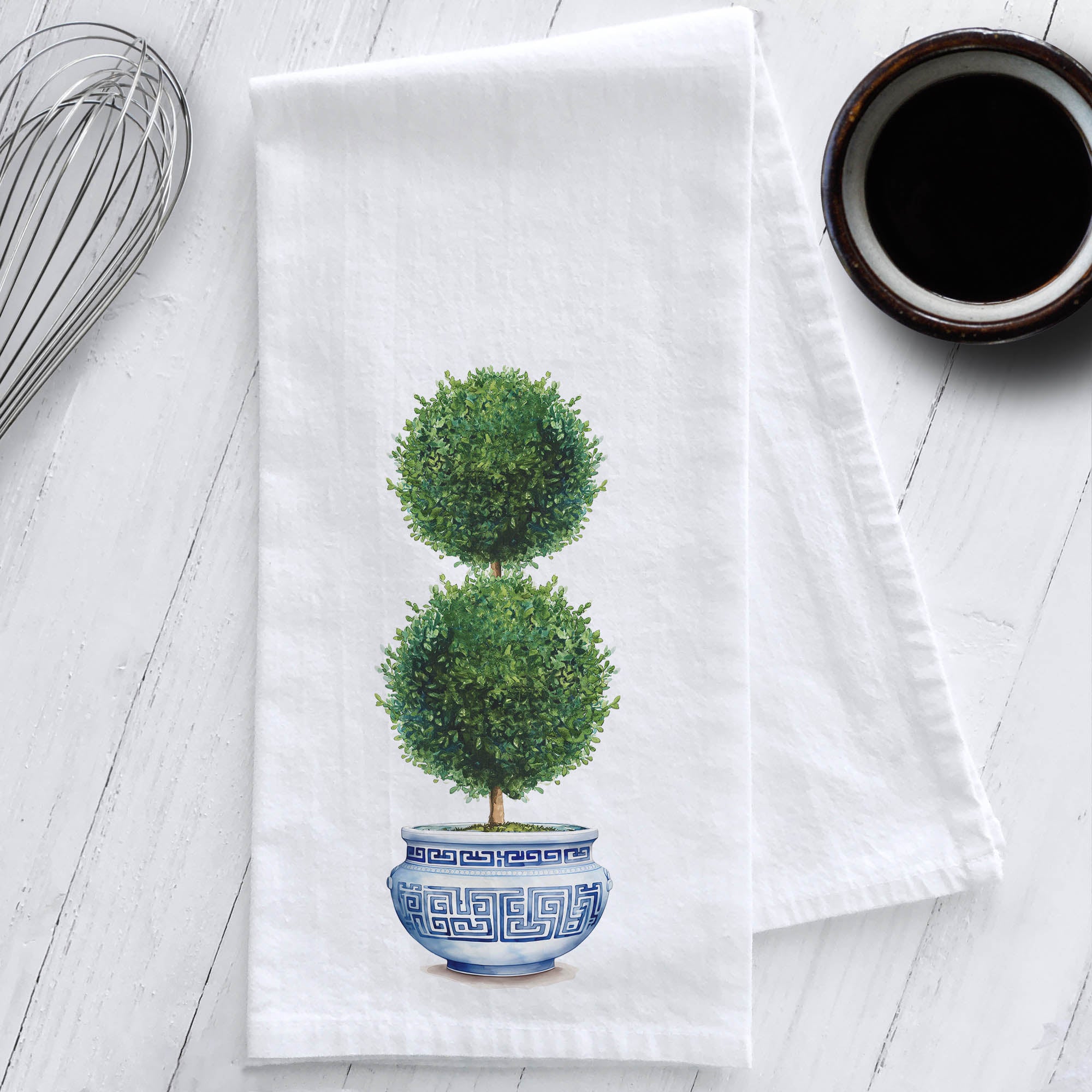 Boxwood Topiary in a Chinoiserie Planter Tea Towel