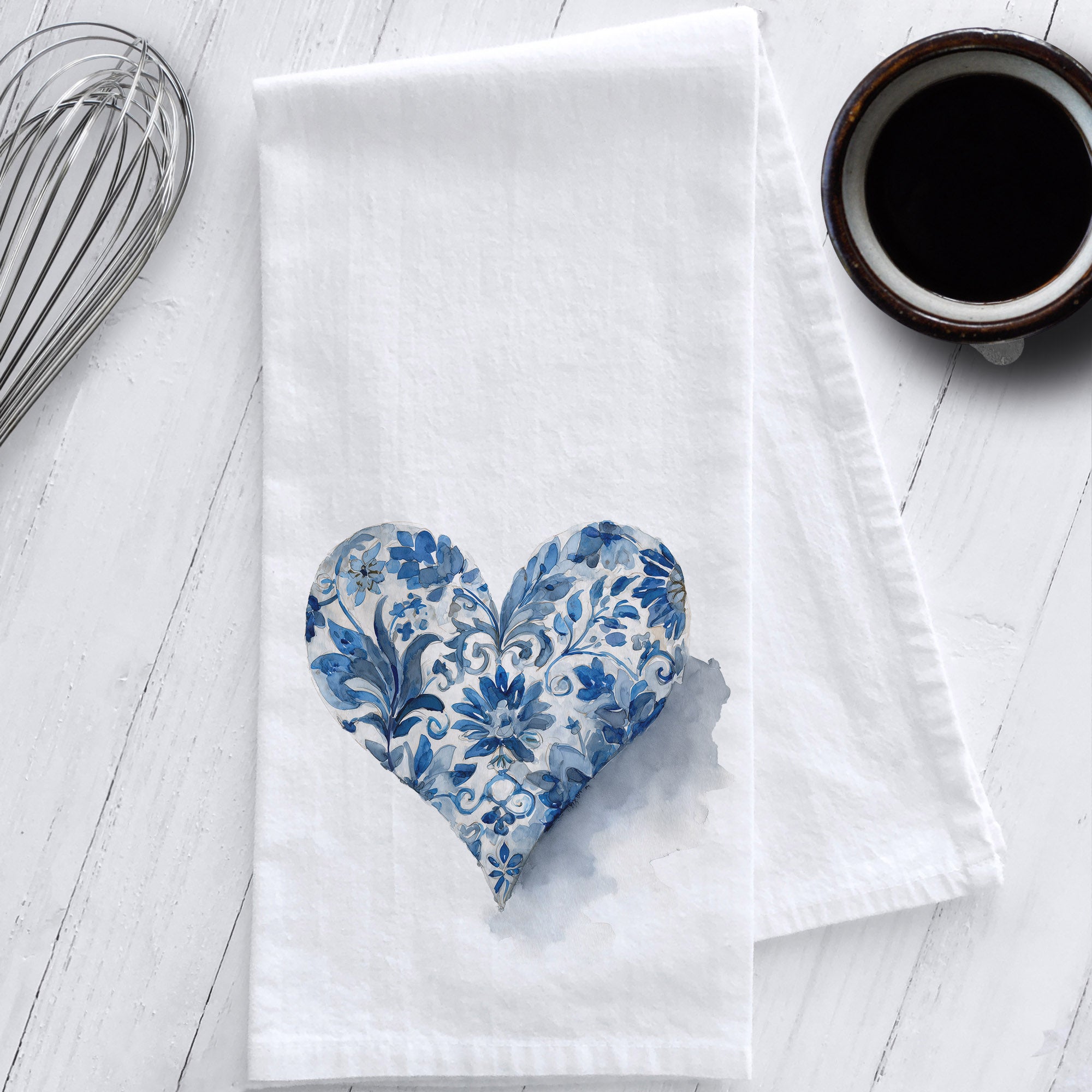 Blue and white chinoiserie heart watercolor design on 100% cotton flour sack tea towel – Studio 901 Goods kitchen decor gift.