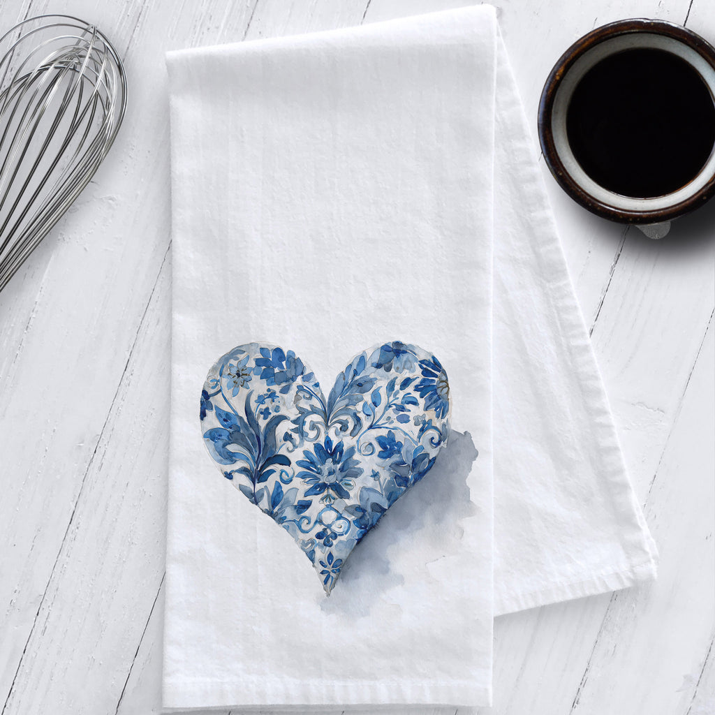 Blue and white chinoiserie heart watercolor design on 100% cotton flour sack tea towel – Studio 901 Goods kitchen decor gift.