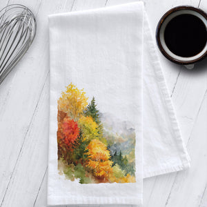 Fall Foliage Flour Sack Tea Towel featuring original watercolor of mountain trees with autumn leaves – cozy kitchen decor for fall lover