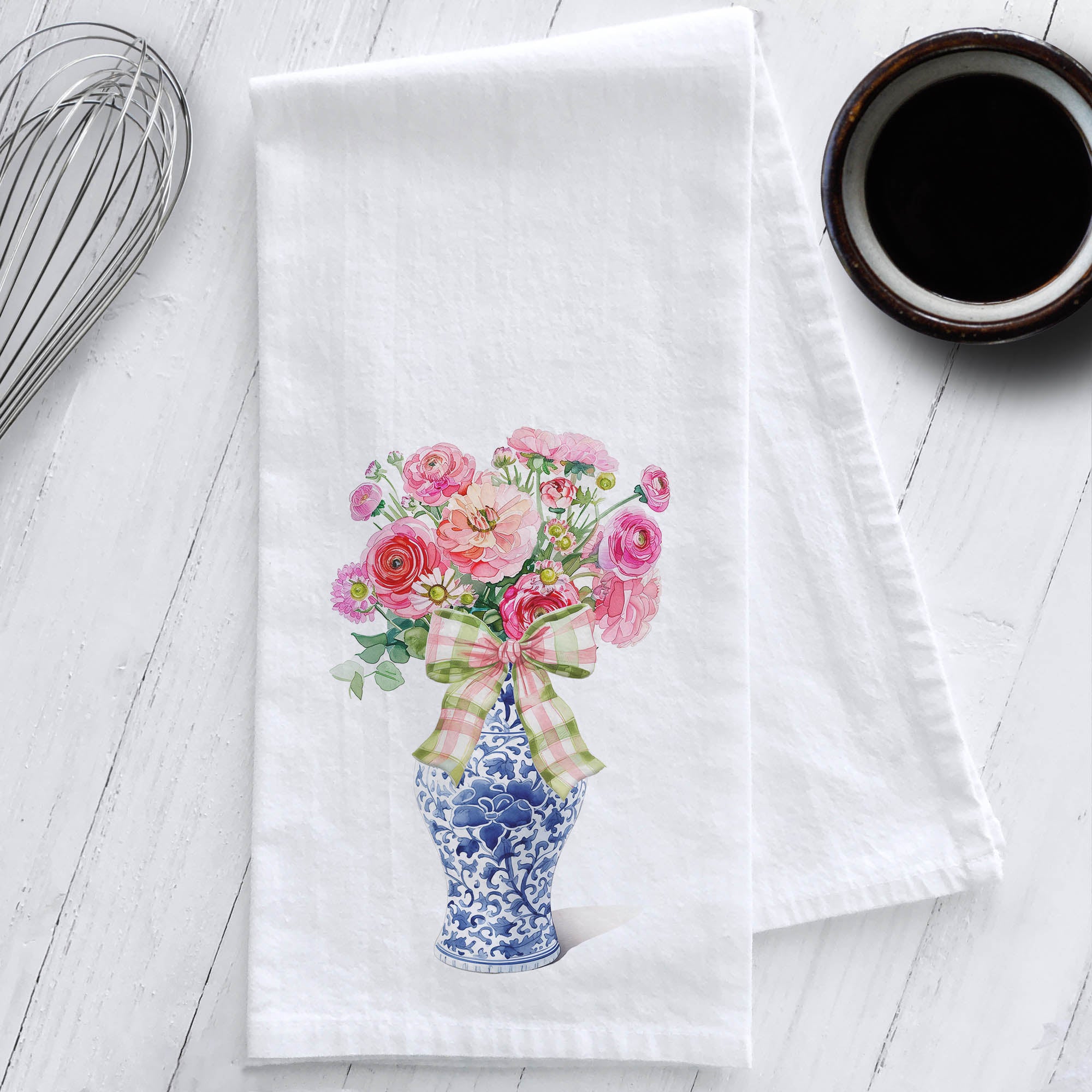 Ranunculus in a Chinoiserie Vase Kitchen Tea Towel