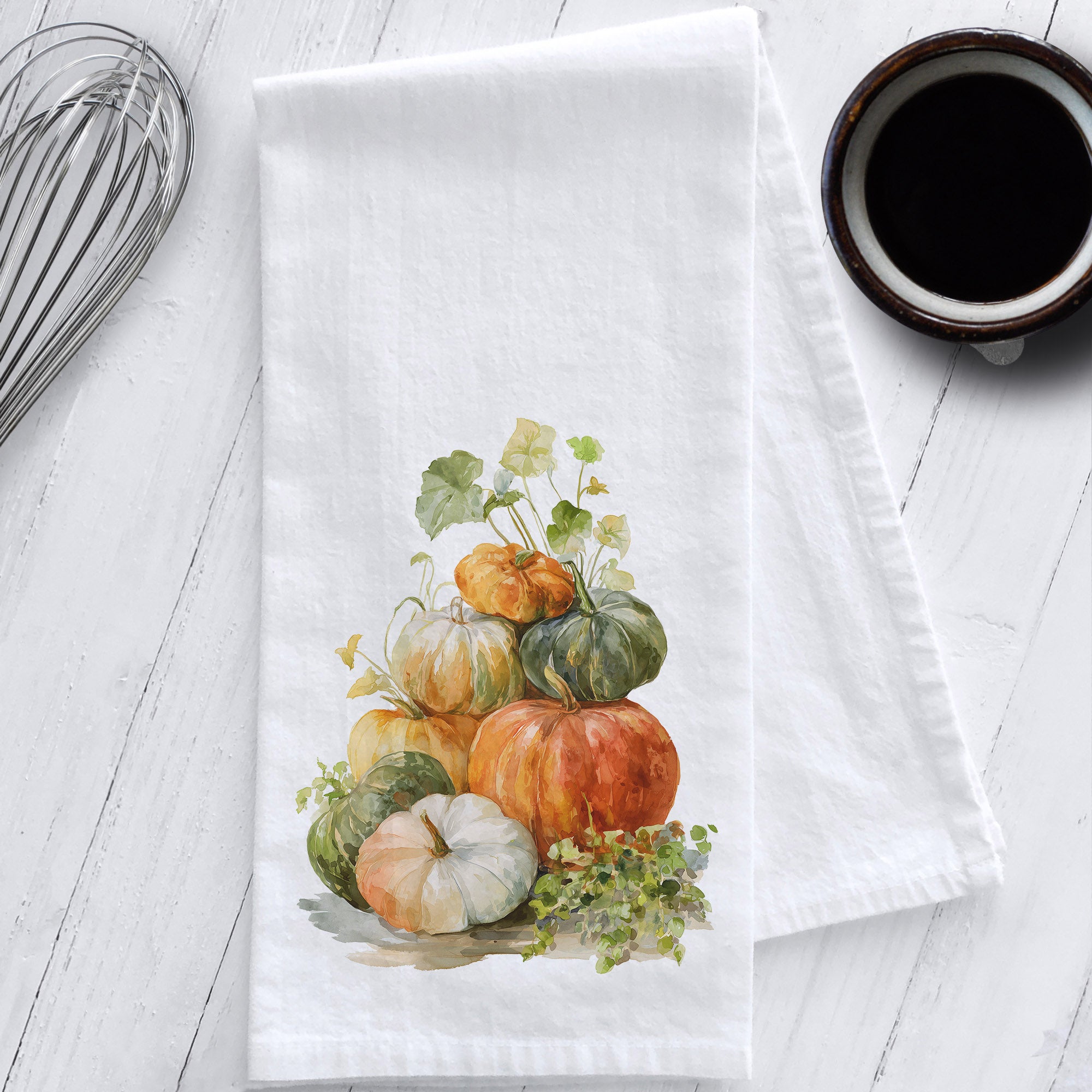 Watercolor pumpkin stack on white flour sack tea towel – perfect for fall kitchen decor, Thanksgiving gift, or farmhouse autumn accent