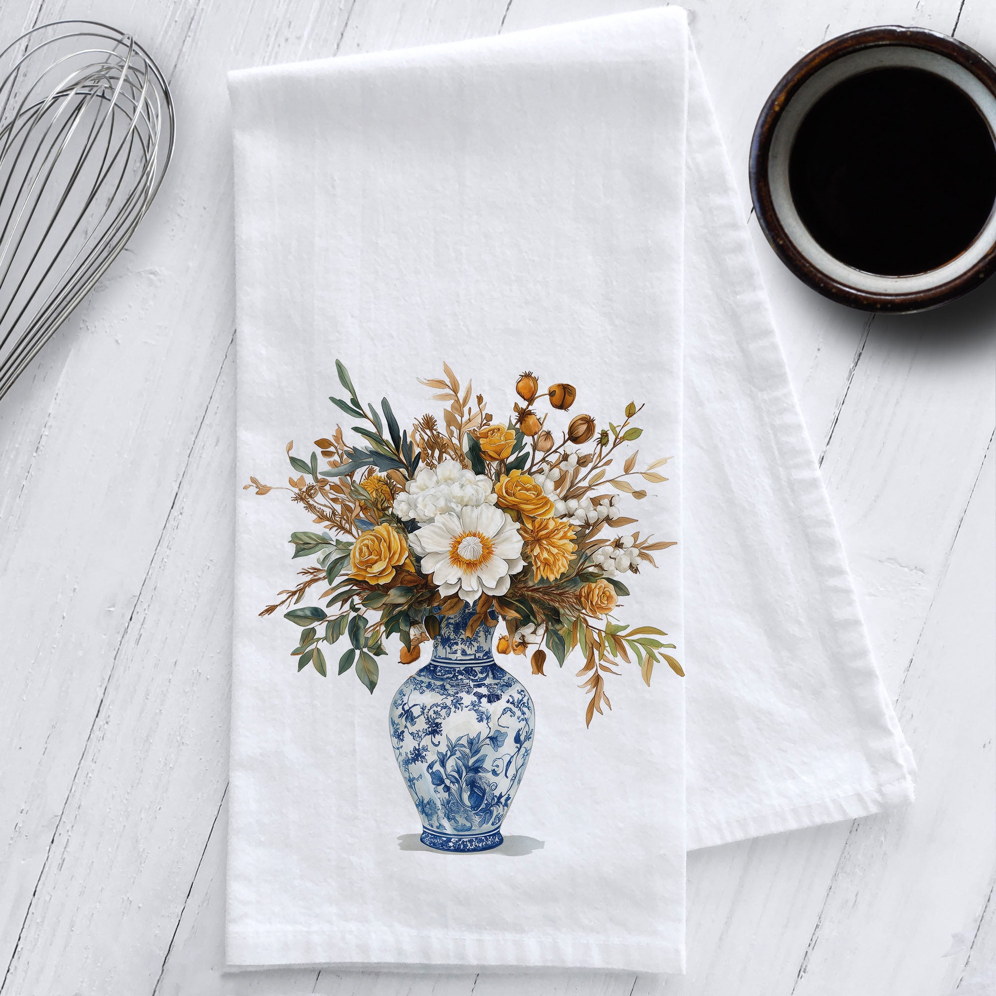 Studio 901 Goods Gold and White Flowers in a Chinoiserie Vase Kitchen Tea Towel