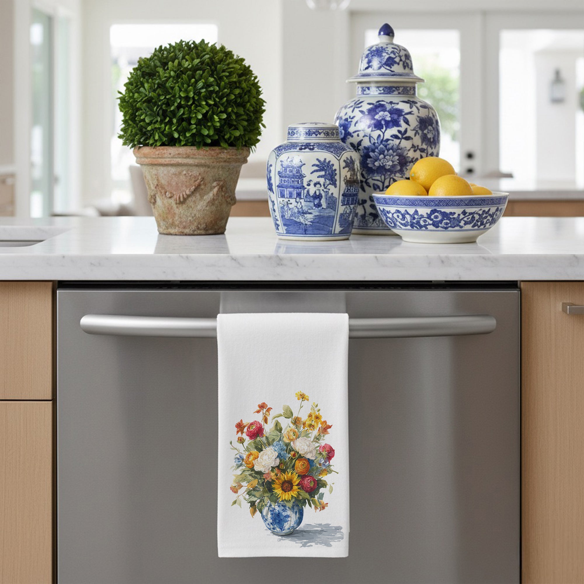 Chinoiserie Fall Sunflower and Ranunculus Kitchen Tea Towel